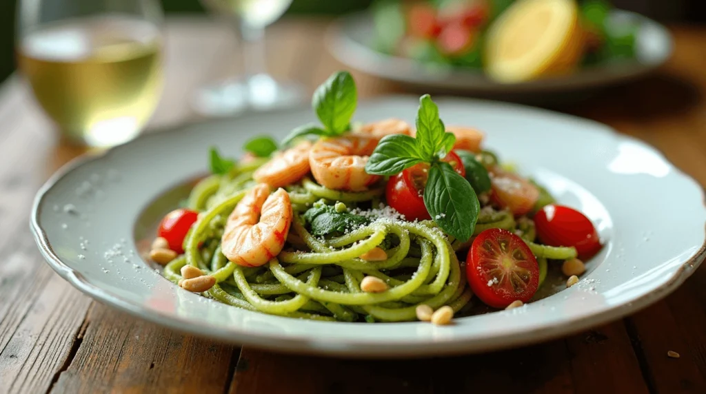 Pesto Langostino Zucchini and Pasta Dish