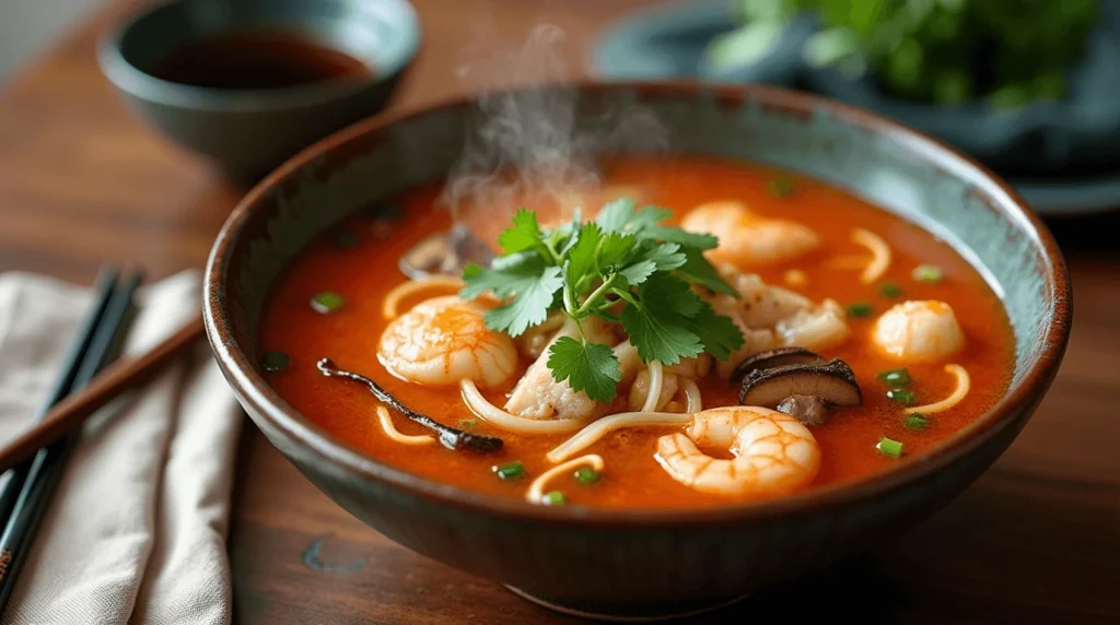 Steaming Bowl of Kenny's Hot and Sour Seafood Soup