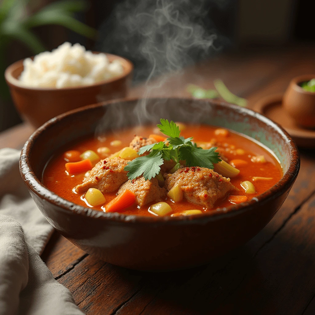 Steaming Bowl of Spicy Chicken Soup with Rice